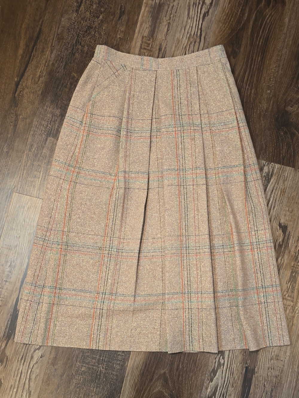 Pandora Beige Plaid Pleated Midi Skirt with Orange & Green Stripes, A-line